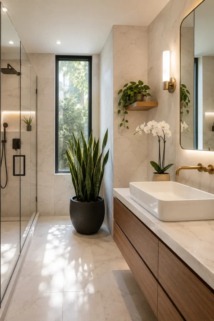 Modern bathroom plant decor with snake plant in matte black pot, floating vanity, glass shower, marble tile, clean mirror, and simple greenery.