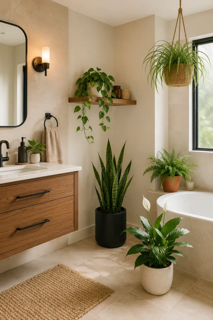 Bathroom plants decor with pothos, snake plant, peace lily, fern, spider plant, ceramic pots, vanity, shelf, bathtub, and soft natural light.