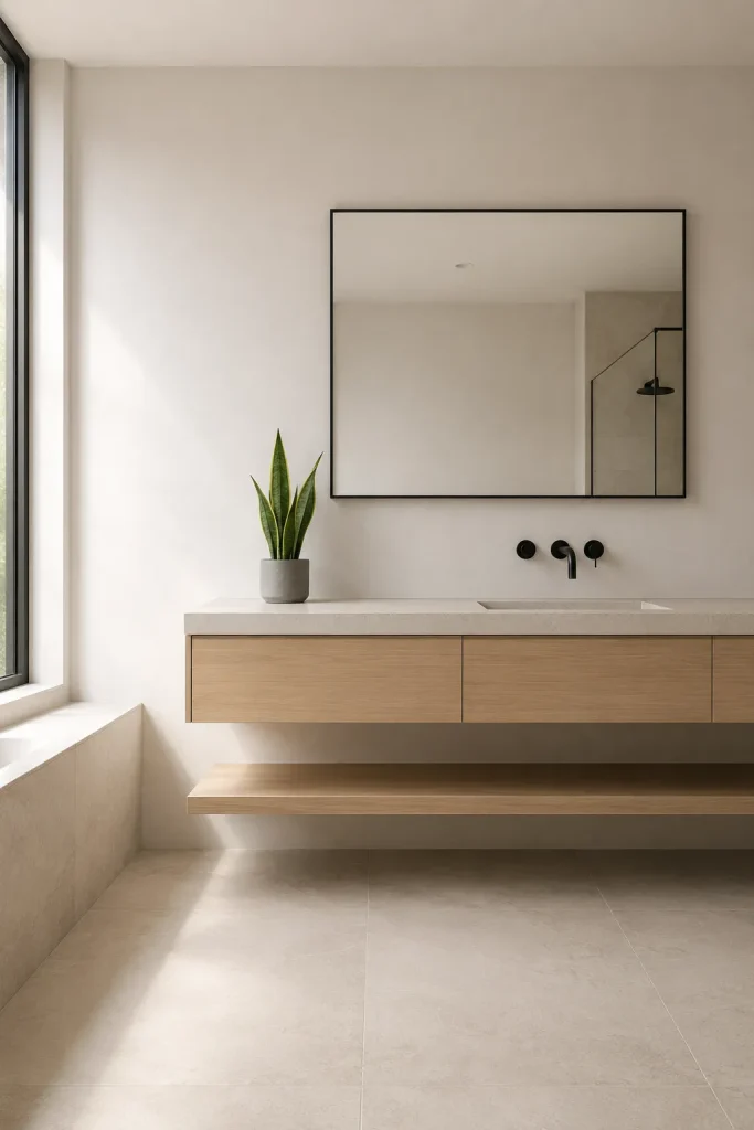 Minimalist bathroom plant decor with one green accent, clean vanity, simple ceramic pot, neutral tile, soft daylight, and open surfaces.