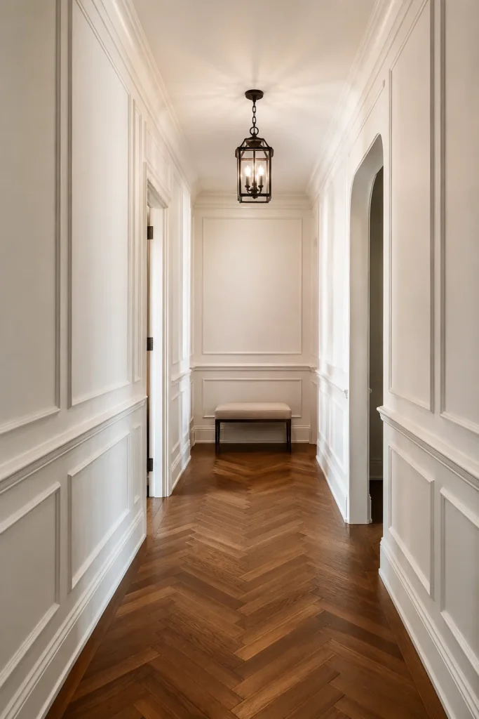 Hallway paneling ideas with board and batten, molding, wainscoting, runner rug, wall lights, framed art, and clean architectural detail.