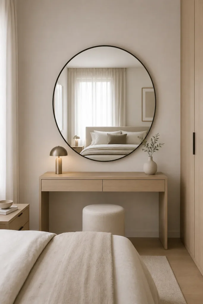 Large round mirror above a narrow dresser in a contemporary bedroom with soft neutral styling.