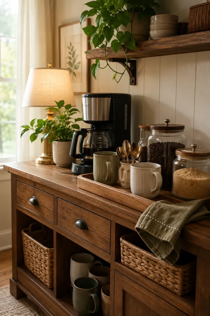 Cozy home coffee station on a sideboard with coffee maker, ceramic mugs, glass jars, wood tray, woven basket, plant, and lamp.