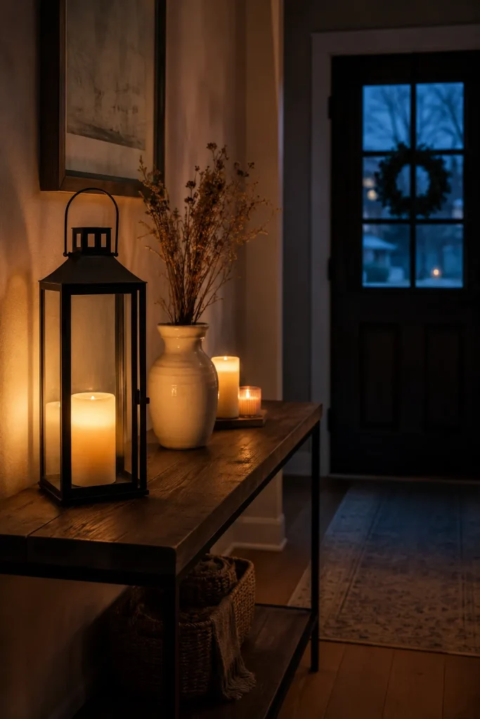 Evening entryway console table with glowing black lantern, candles, ceramic vase, dried stems, and warm welcoming light.