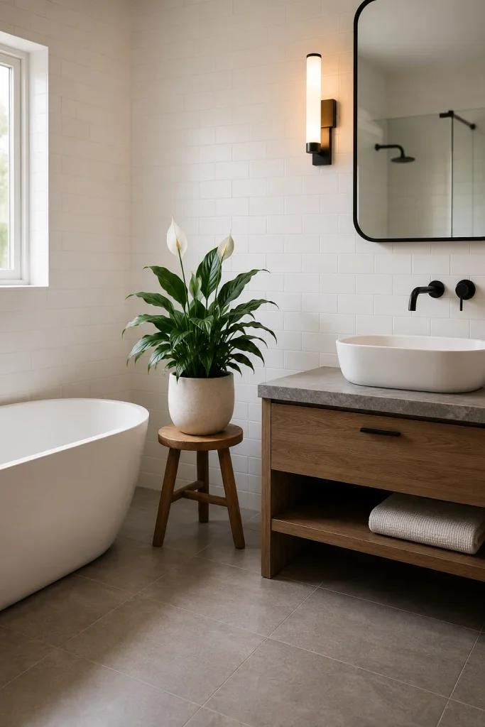 One bathroom plant softening a plain bathroom with white tile, gray stone, black fixtures, mirror, vanity, and clean modern styling.