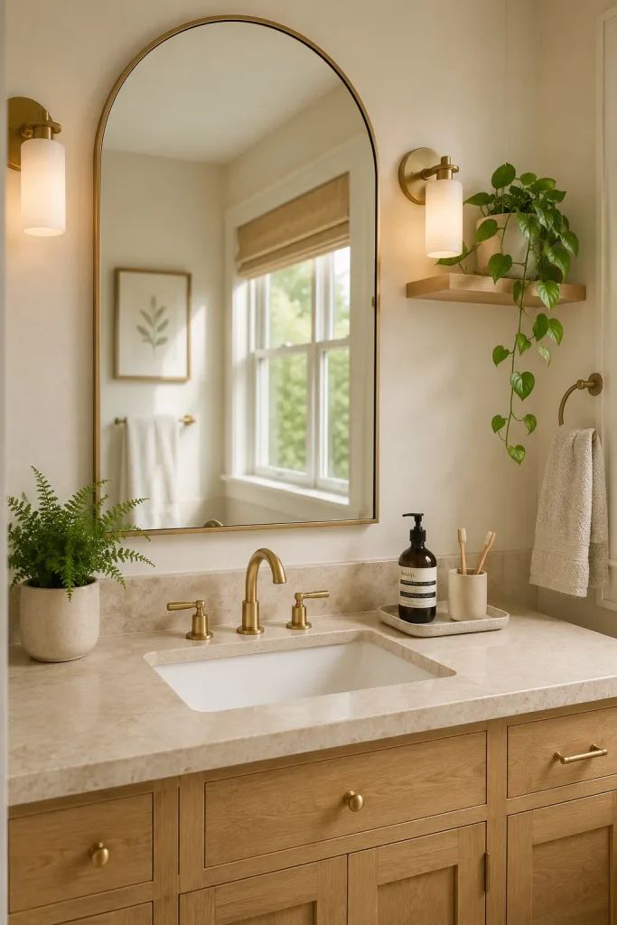 Bathroom mirror plant decor with small plant near vanity mirror, tray, sink, faucet, soft light, and clear daily-use counter space.