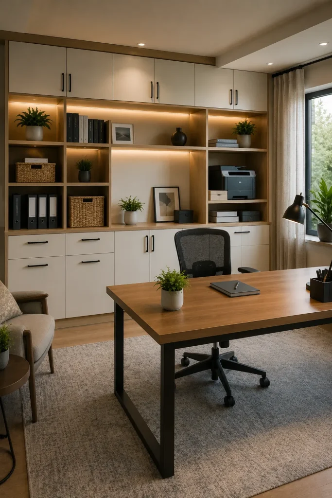 Office storage wall with closed cabinets, open shelves, file drawers, baskets, printer shelf, and clean desk surface.