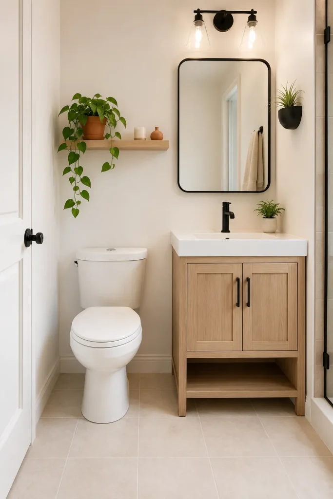 Small bathroom plant decor with trailing shelf plant, tiny sink plant, wall planter, mirror, compact vanity, and clear floor space.