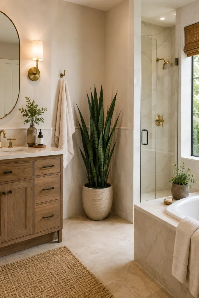 Bathroom corner plant idea with tall snake plant or fern in a simple pot near bathtub, shower, or vanity with clear walking space.