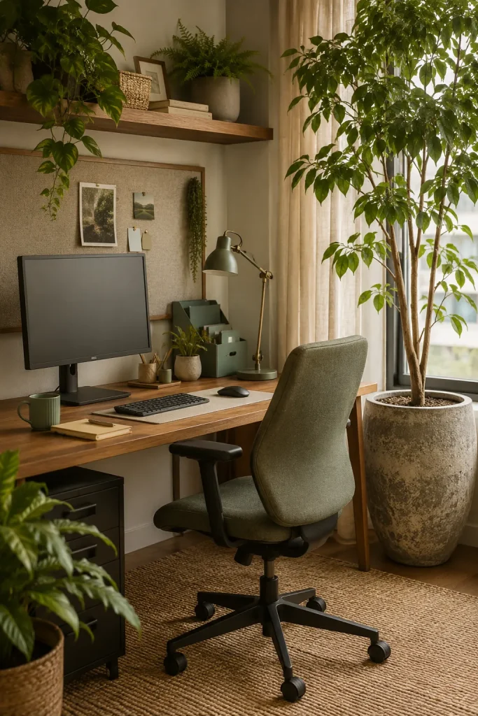 Green office interior with wood desk, fabric chair, woven basket, linen pinboard, shelf plants, floor plant, and natural materials.