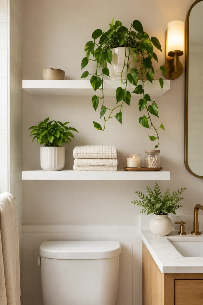 Bathroom shelf plant decor with trailing pothos, compact plant, folded towels, candle, jar, tray, floating shelves, and clean styling.