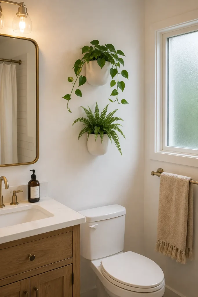 Bathroom wall plant decor with secure wall planters, small trailing plants, air plants, white pots, towel rack, mirror, and clear floor space.