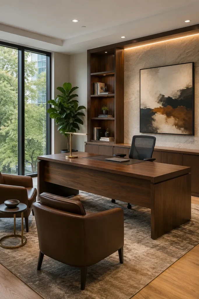 Balanced executive office with walnut desk, visitor chairs, storage wall, artwork, plant, leather, stone, and warm lighting.