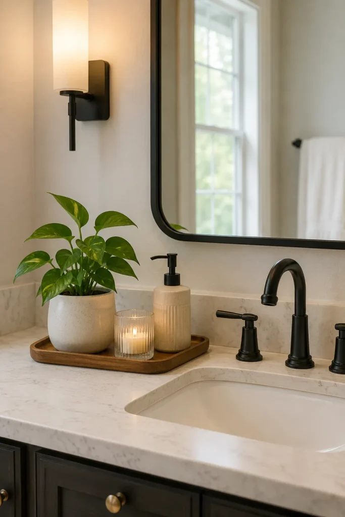 Bathroom countertop plant near vanity sink with small ceramic pot, tray, soap dispenser, candle, mirror, stone counter, and clean styling.