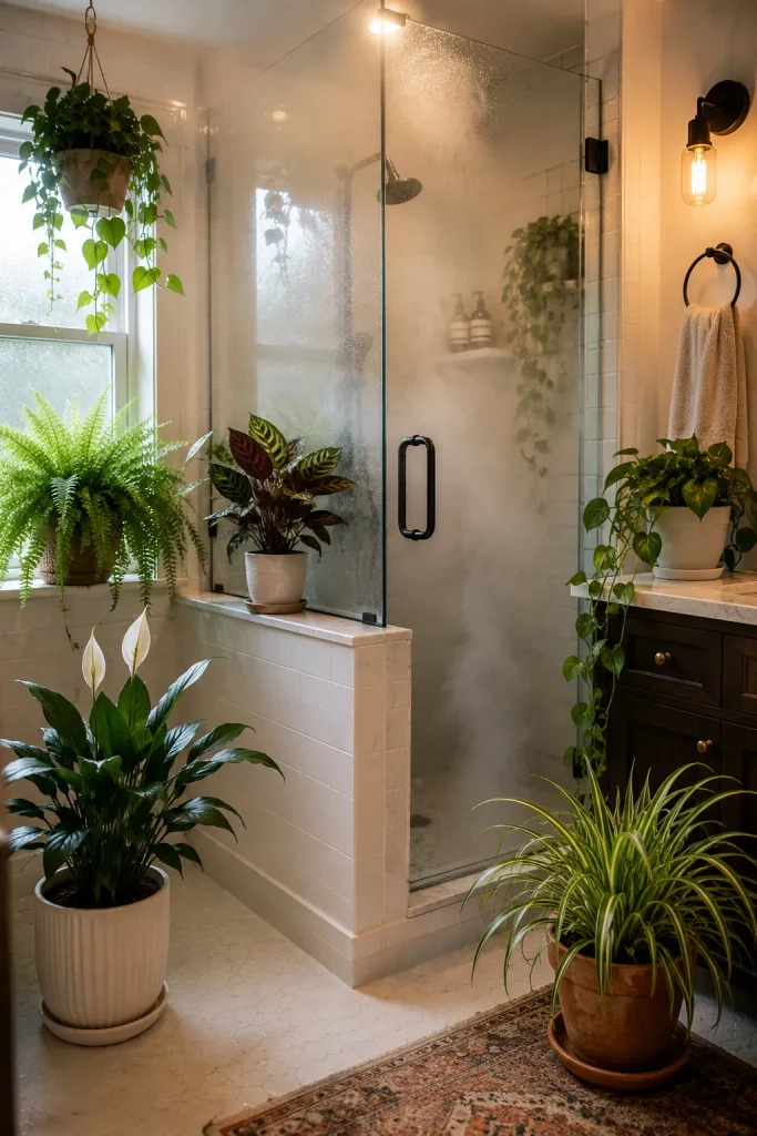 Humidity-loving bathroom plants with fern, calathea, peace lily, pothos, spider plant, shower glass, indirect light, drainage, and warm steam.