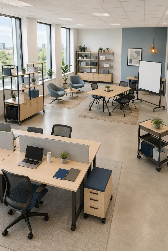 Flexible office interior with modular desks, movable chairs, rolling storage, open shelves, mobile whiteboard, and multipurpose table.
