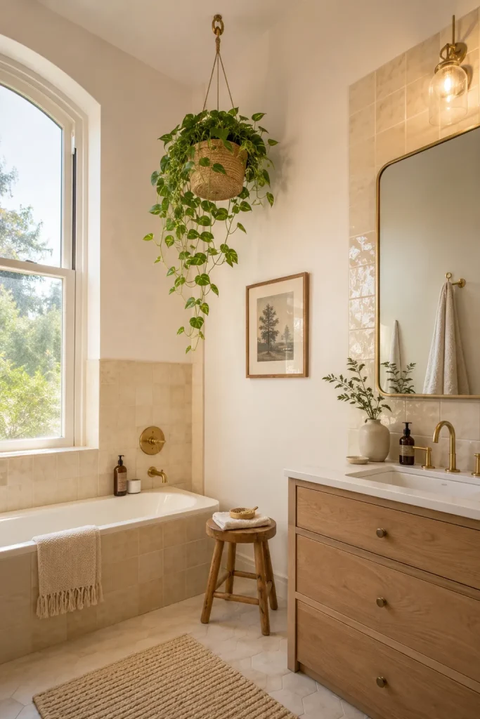 Hanging bathroom plant in a safe corner with pothos or spider plant, secure hook, bathtub, window light, towels, and clear space below.