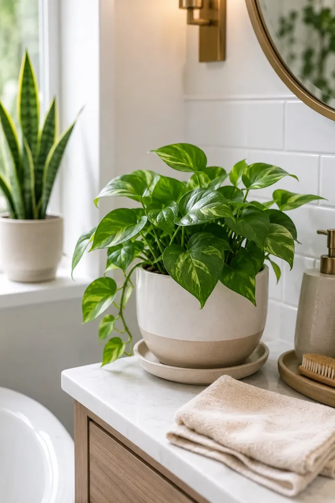 Low maintenance bathroom plants with pothos, snake plant, ZZ plant, drainage saucer, ceramic pot, clean shelf, and simple plant care styling.