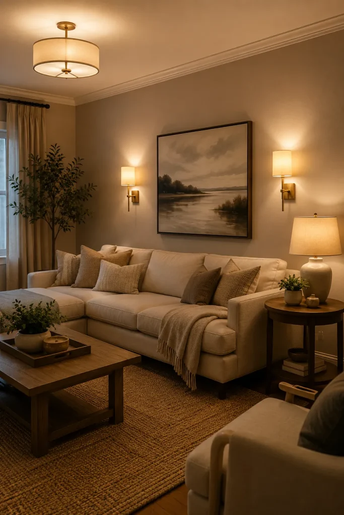 Wall mounted light fixture ideas in a balanced living room with sofa, artwork, ceiling light, table lamp, and warm layered lighting.