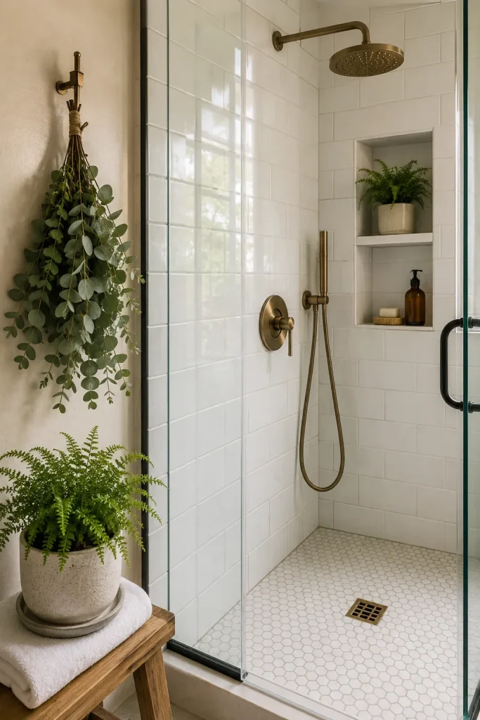 Shower plant decor with fern, pothos, air plant, or eucalyptus near glass shower, tile niche, indirect light, drainage, and no standing water.