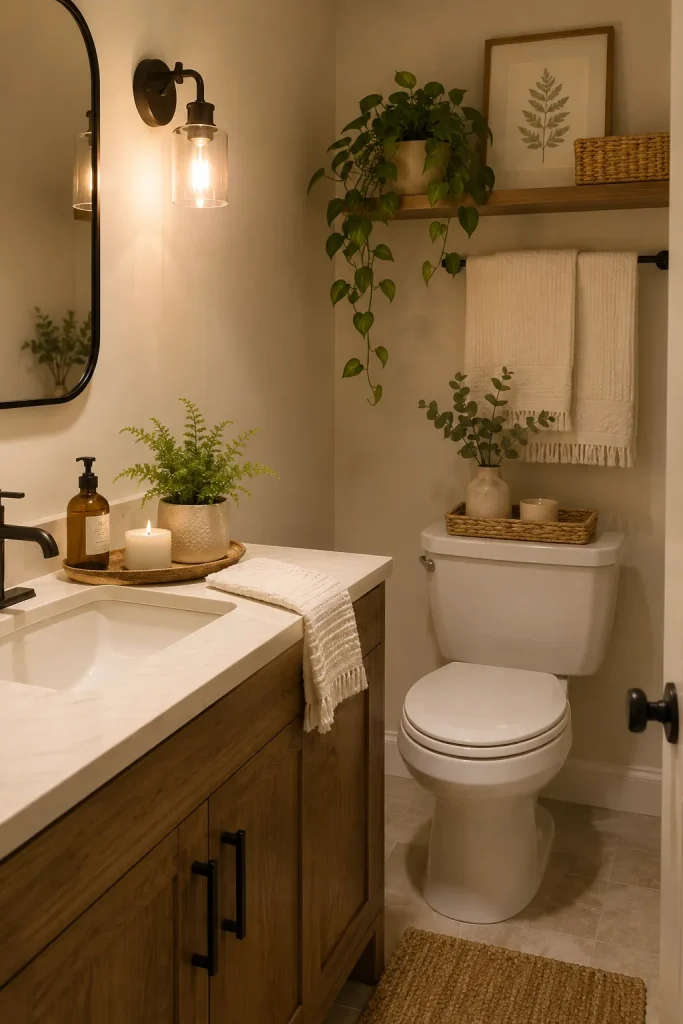 Realistic fake bathroom plant in a low-light bathroom with ceramic pot, wood tray, woven basket, soft towels, warm lighting, and natural styling.