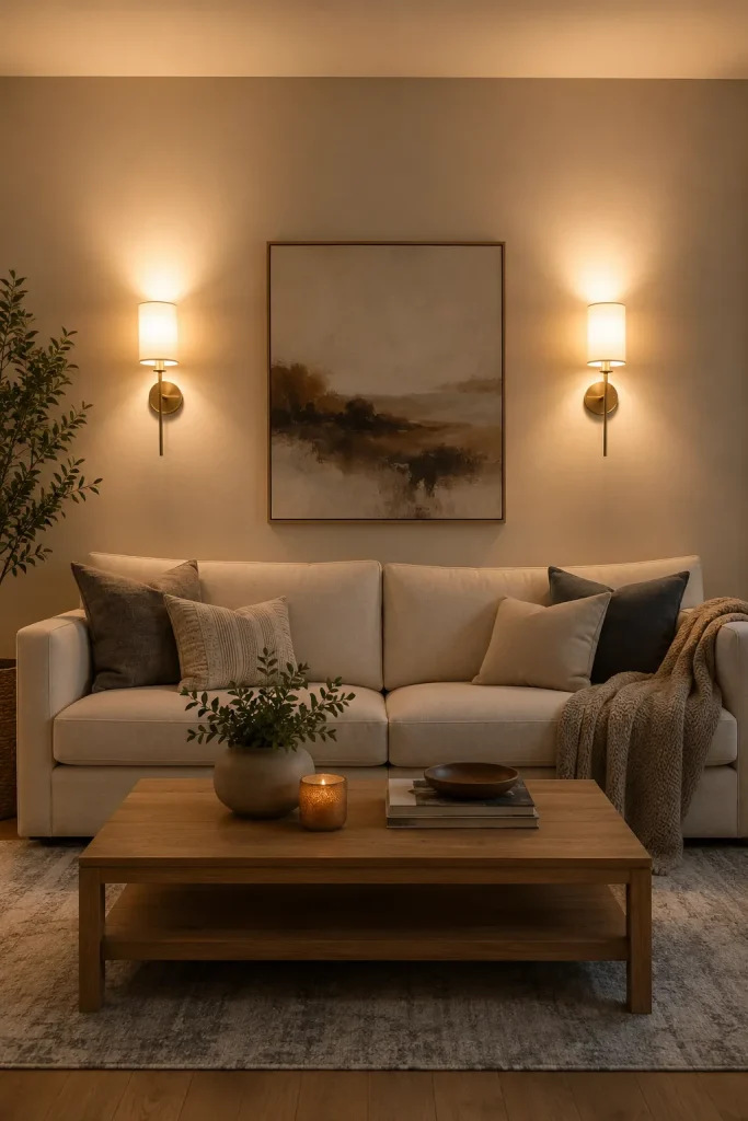 Living room wall lights behind a sofa with warm sconces, framed art, pillows, coffee table, rug, and cozy evening glow.