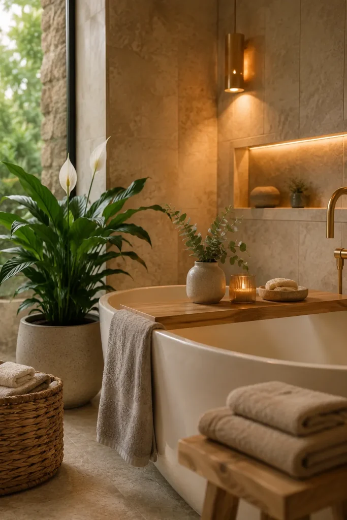 Spa-inspired bathroom plant decor with fern, wood bath tray, soft towels, stone accessories, ceramic pots, woven basket, eucalyptus, and warm lighting.
