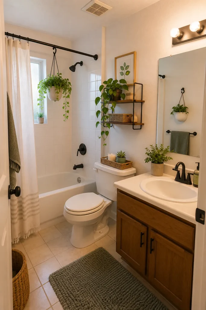 Apartment bathroom plant decor with small vanity plant, over-toilet shelf greenery, renter-friendly wall planter, towels, bath mat, and warm styling.