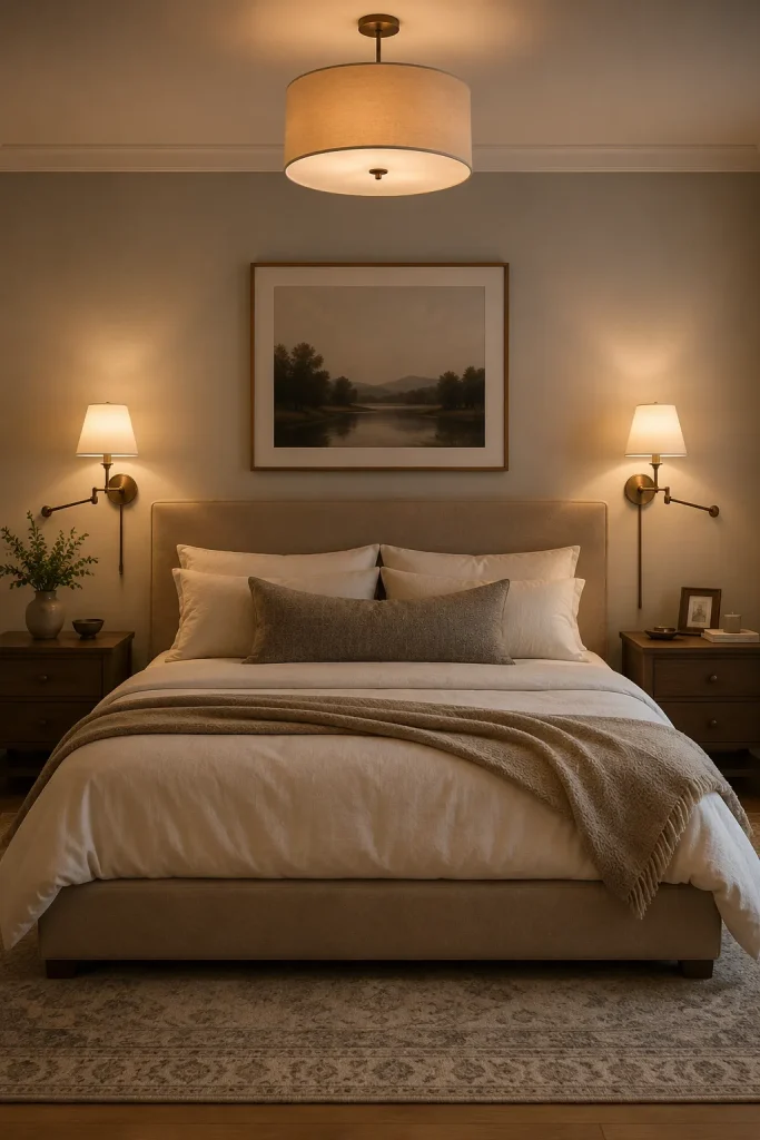Bedroom wall lights beside a bed with matching sconces, clear nightstands, warm bedding, soft reading glow, and calm decor.