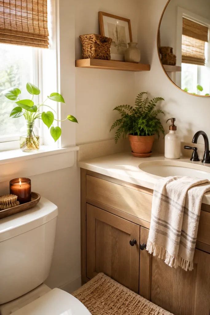 Budget bathroom plant decor with pothos cutting, small fern or snake plant, thrifted vase, tray, towel, candle, bath mat, and simple styling.