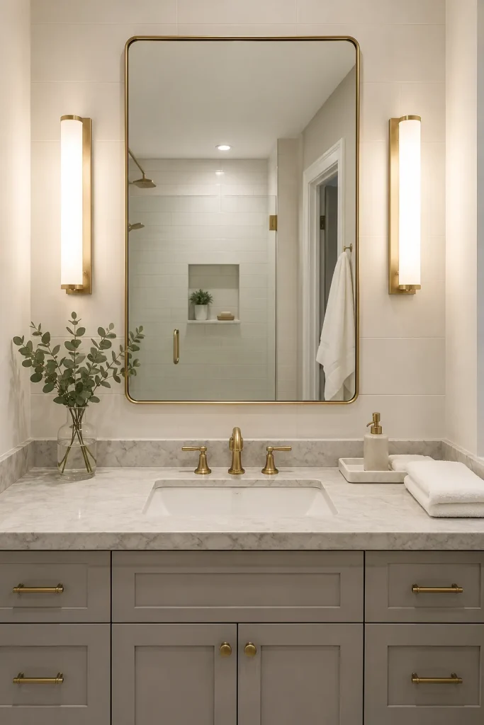 Bathroom wall light fixtures around a mirror with side sconces, vanity, stone counter, folded towel, and soft clear lighting.