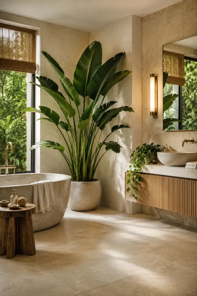 Tropical bathroom plant decor with large monstera or calathea, bathtub, beige tile, wood stool, warm fixtures, indirect light, and open space.