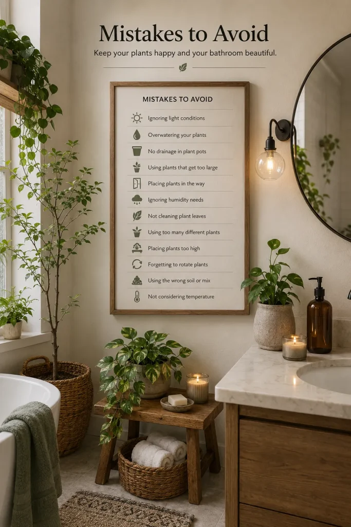 Bathroom plant decor mistakes to avoid with healthy plants, proper drainage, open vanity, clear mirror, safe shower area, and uncluttered bathroom styling.