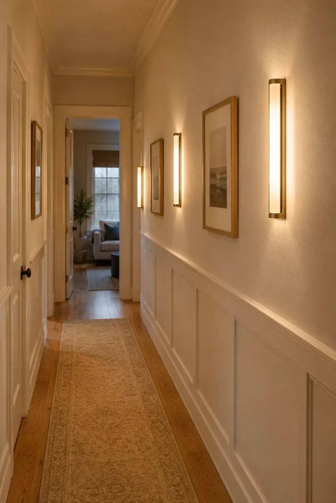 Hallway wall lights with slim sconces, warm diffused glow, runner rug, framed art, and safe residential pathway.