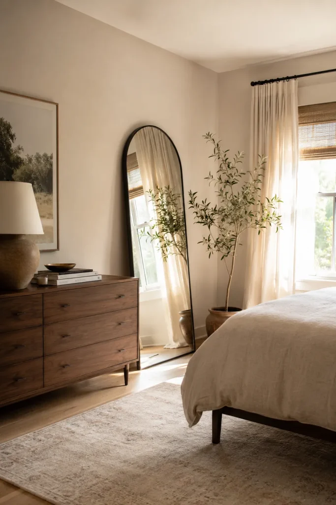 Elegant contemporary bedroom with a tall arched mirror, neutral bedding, warm wood furniture, and soft curtains.