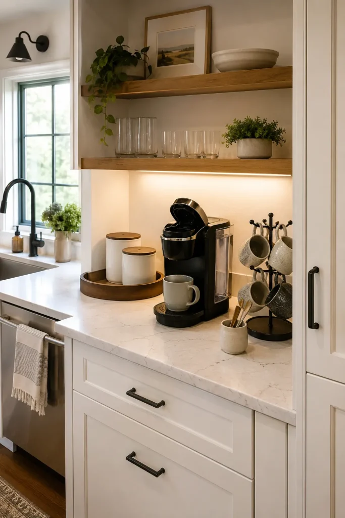 Kitchen coffee station with coffee maker, open shelves, mugs, matching canisters, tray, spoon cup, and practical counter space.