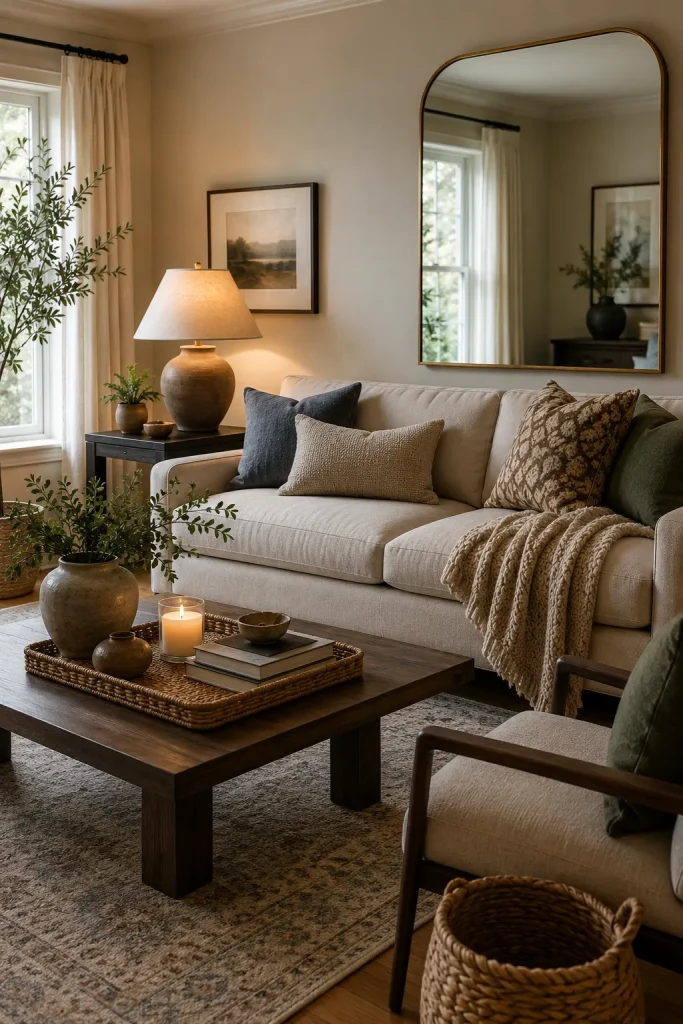 Essential home decor items in a balanced room with mirror, lamp, vase, tray, basket, pillows, throw, rug, books, candle, and plant.
