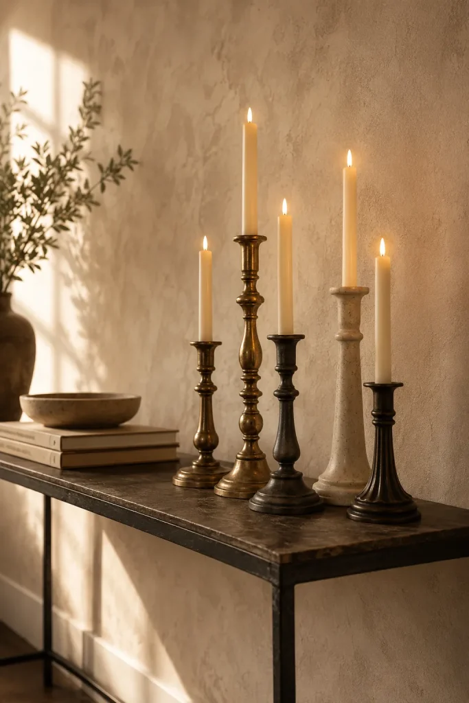 Entryway console table with clustered brass and ceramic candlesticks, flameless tapers, stacked books, and a stone bowl.