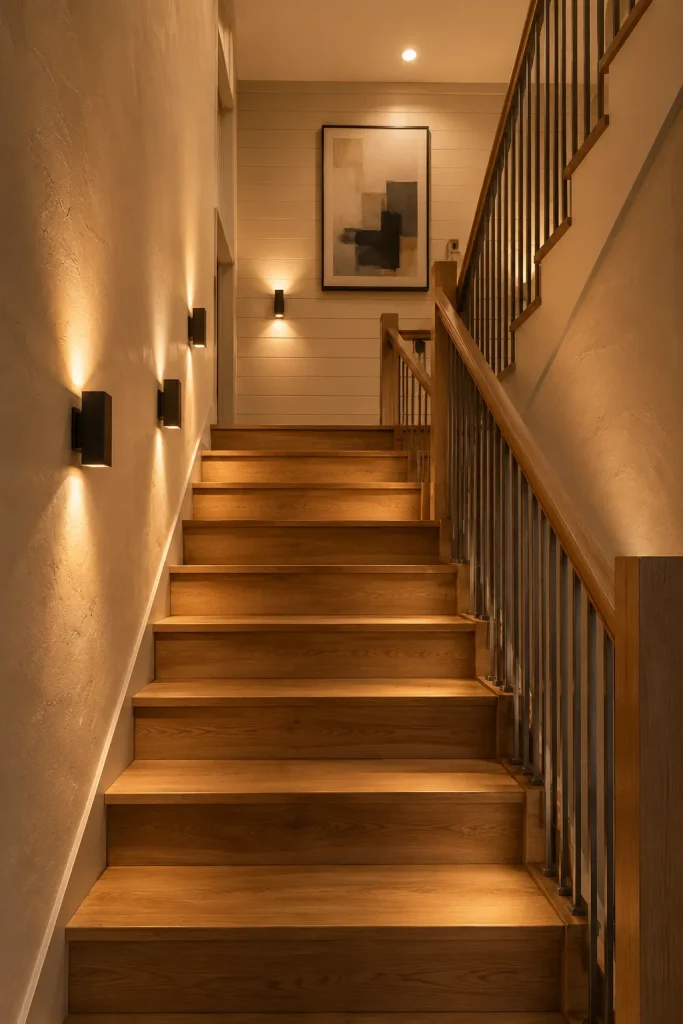 Staircase wall lights along wood steps with warm glow, railing, textured wall, landing artwork, and clear safe pathway.