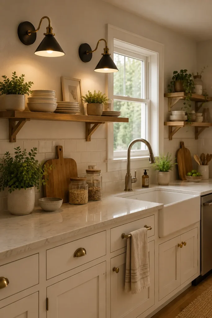Kitchen wall lights above open shelves and sink with dishes, jars, plants, stone counter, and practical warm task lighting.