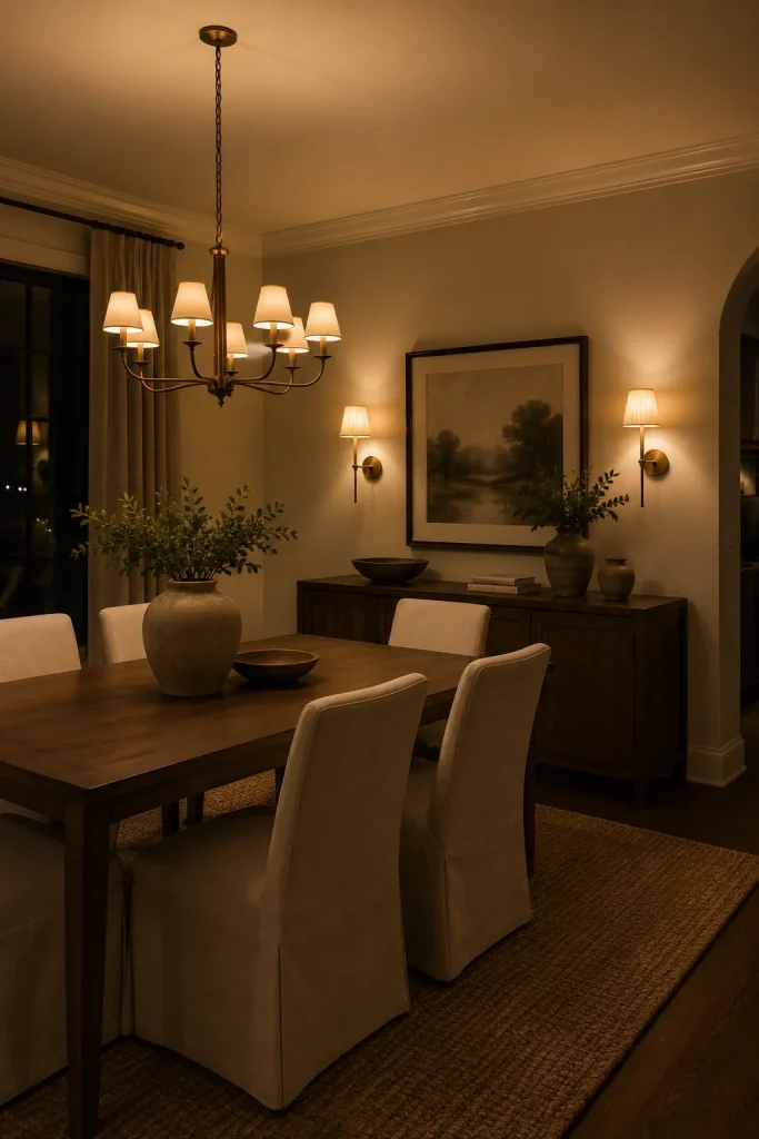 Dining room wall lights beside artwork above a sideboard with chandelier, dining table, linen chairs, rug, and warm evening glow.
