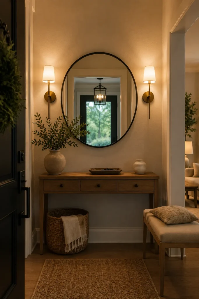 Entryway wall lights framing a mirror above a console table with key tray, vase, bench, basket, and warm welcoming glow.