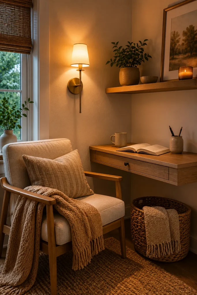 Wall sconce light fixtures in a small reading corner with slim wall light, chair, shelf, basket, and warm focused glow.