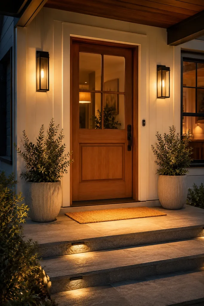 Outdoor wall mounted light fixtures beside a front door with warm glow, wood entry door, potted plants, stone steps, and balanced exterior styling.