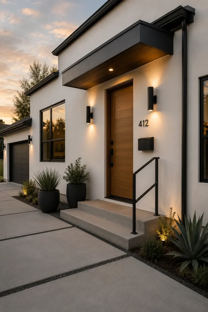 Modern exterior wall light fixtures on a clean home facade with matching hardware, planters, railing, mailbox, and warm curb appeal.