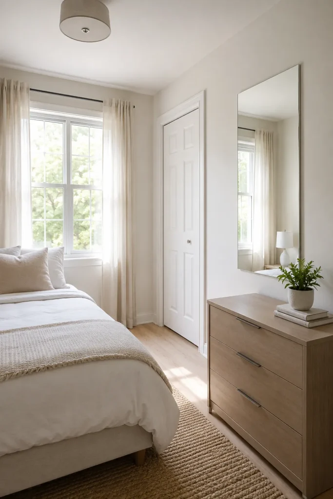 Small contemporary bedroom with a slim wall mirror reflecting natural light near a window.