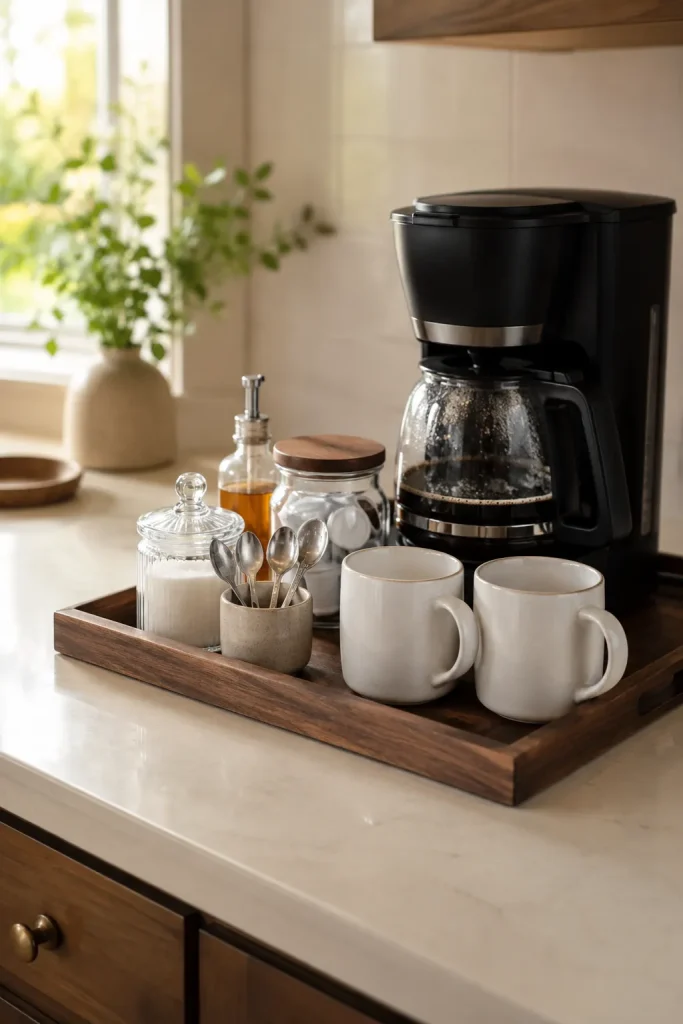 Countertop coffee station with coffee maker, mugs, sugar jar, spoons, pods, and syrup organized neatly on a tray.