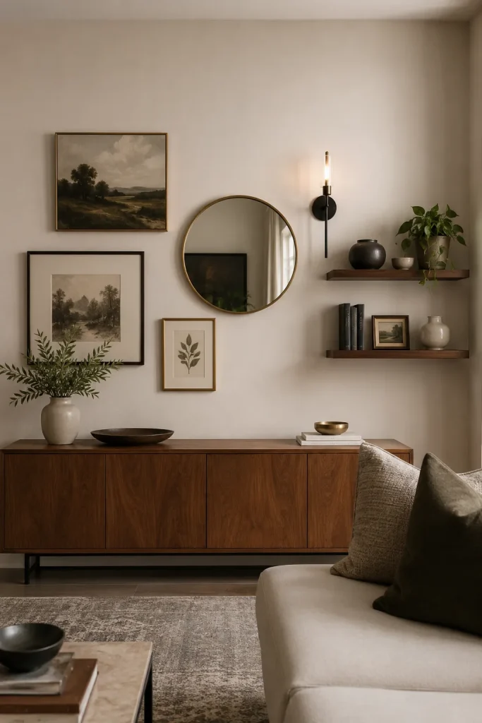 Wall decor items with large artwork, wall sconces, console table, vase, tray, basket, and balanced finished wall styling.