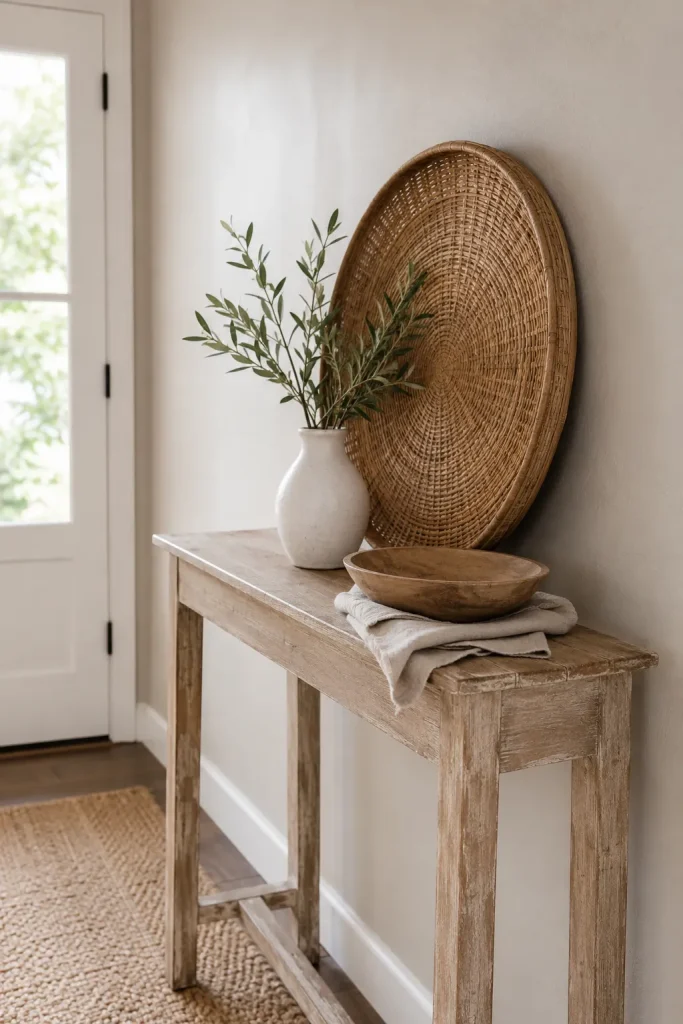 Rustic entryway console table with a large woven tray leaned against the wall, olive branches, wooden bowl, and linen texture.