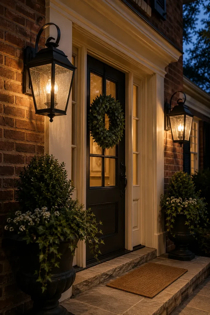 Classic outdoor wall lantern lights beside a front door with seeded glass, warm bulbs, brick exterior, planters, and welcoming entry style.