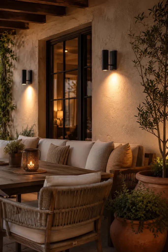 Outdoor patio wall sconces with warm diffused light, comfortable seating, planters, cushions, and relaxed evening exterior style.